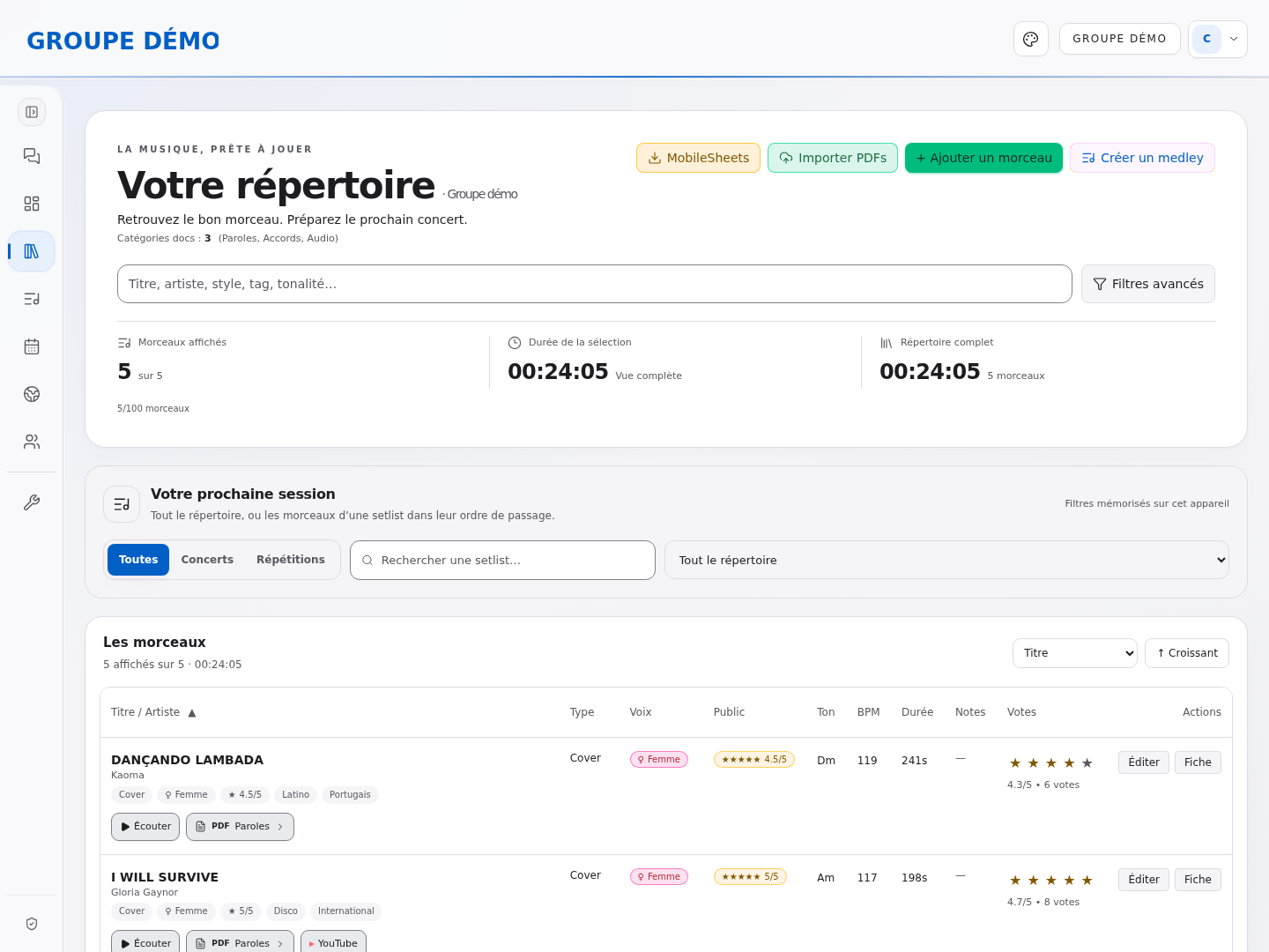 Répertoire Bandlio : recherche, filtres, sélection d’une setlist et morceaux avec tonalité, BPM, voix, notes, MP3 et PDF.